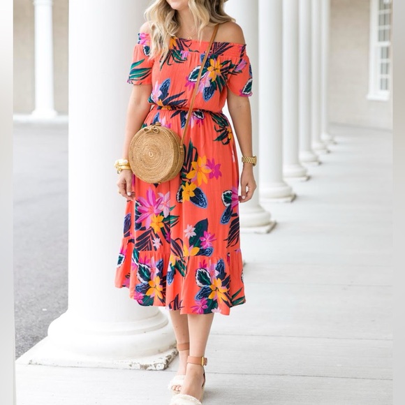 Old Navy Floral Off-Shoulder Midi Dress - Orange, Pink, Yellow - Picture 1 of 8